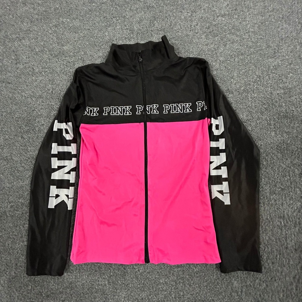 PINK Track Jacket Womens Size S Black Pink Colorblock Slim Fit Full Zip Logo